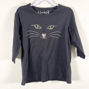 Coral Bay Black Rhinestone Cat Face 3/4 Sleeve Shirt Crazy Cat Lady Lover Large